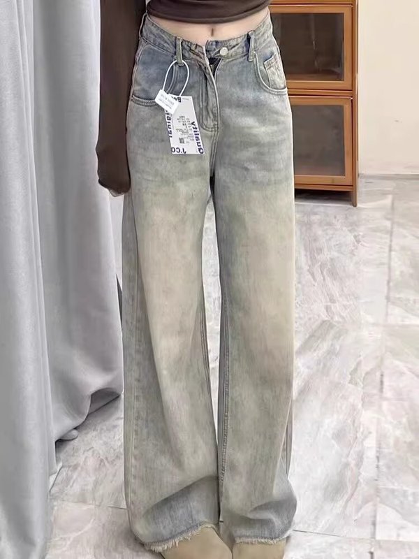 レトロな毛の縁のまっすぐな筒のジーパンの女性の春秋の新型のナシの形の体つきの大きいサイズの高腰はやせています。|undefined