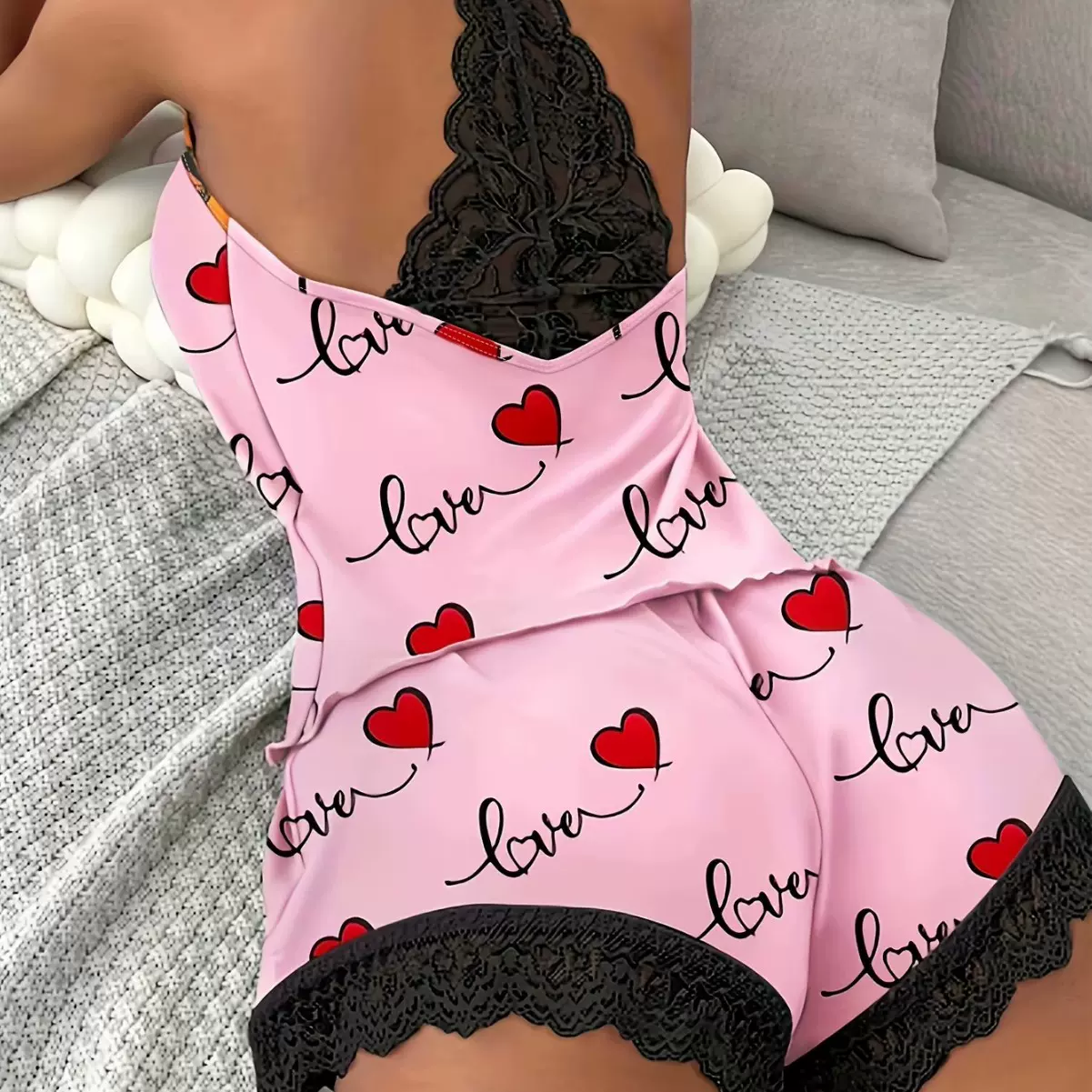 跨境欧美外贸睡衣钩编牛奶丝无袖挂脖内衣短裤家居服蕾丝女两件套