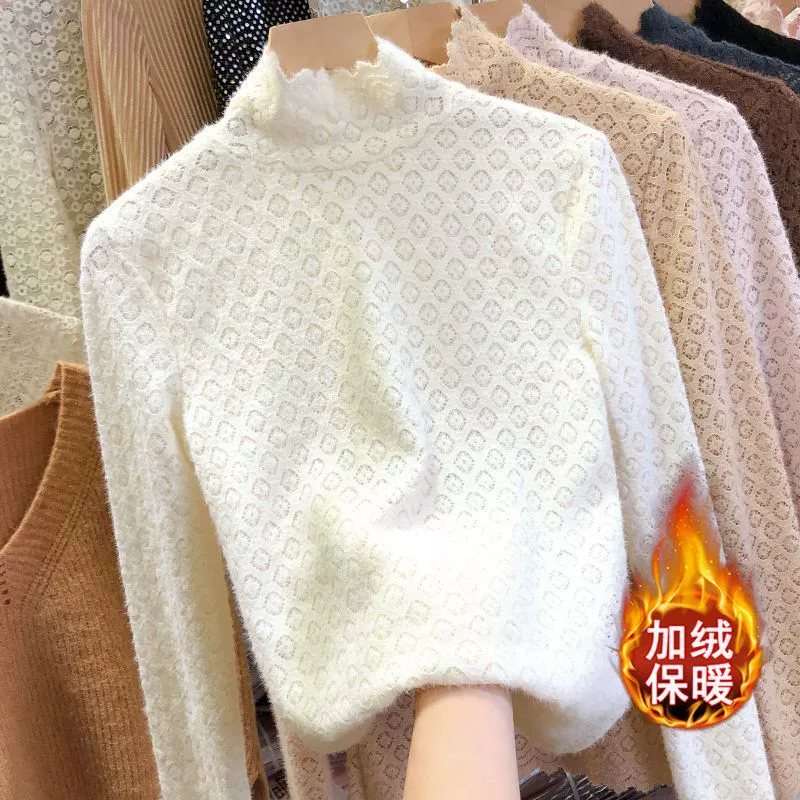 2023 Осенне-зимняя модная популярная в Интернете универсальная кружевная рубашка из флока, Женская облегающая короткая Базовая рубашка с высоким воротником и длинными рукавами