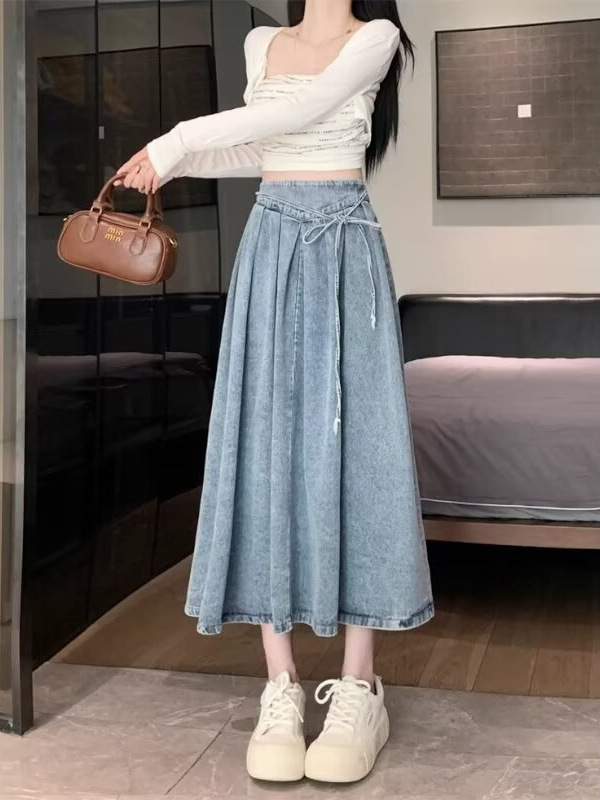 女性用ストラップ付きデニムスカート、夏の新しいスタイル、伸縮性のあるハイウエストレースアップAラインプリーツスカート、股をカバーする大きな裾のロングスカート|undefined