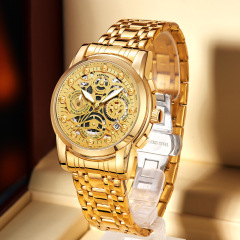 跨境金詩頓品牌手錶男士高檔腕錶夜光防水鏤空鋼帶石英表批發