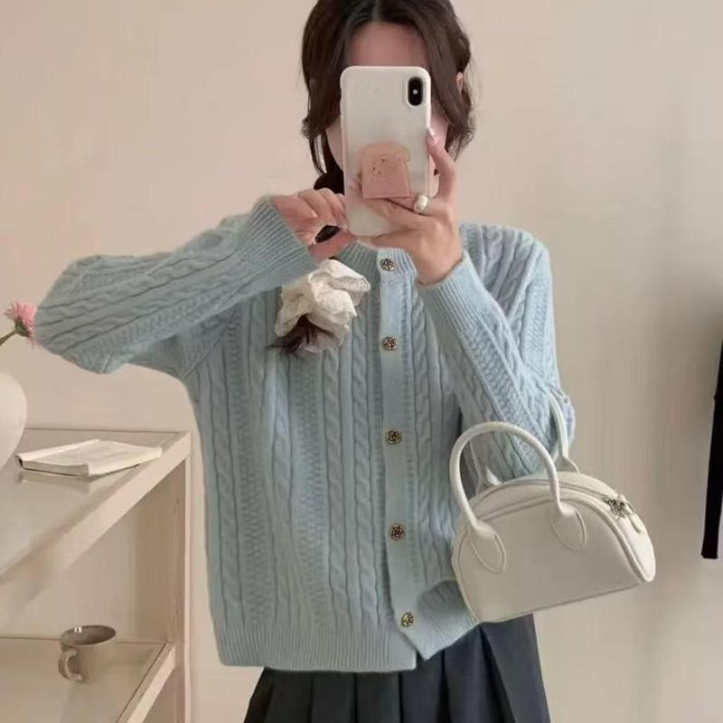 韩系复古麻花软糯毛衣外套女秋冬新款圆领宽松慵懒风显瘦针织开衫|undefined