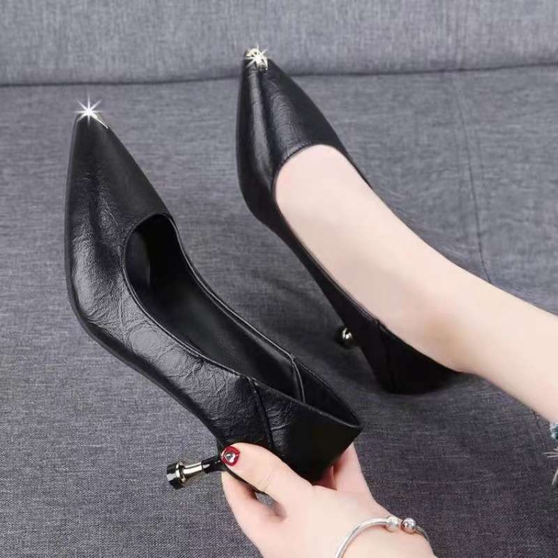 High-Heeled Leather Shoes 2025 Spring New Soft Leather High-Heeled Shoes Black Pointed Leather Shoes Professional Women's Fine Work Shoes Flats