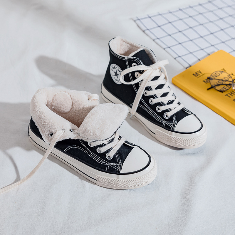 Fleece-lined classic all-match high-top canvas shoes for women 2021 new autumn and winter black shoes warm two-cotton skate shoes for women Fleece-lined classic all-match high-top canvas shoes for women 2021 new autumn and winter black shoes warm two-cotton skate shoes for women