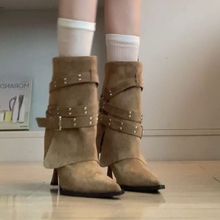 复古高跟尖头绒面短靴女2025秋季新款高级感铆钉裤管靴细跟时装靴