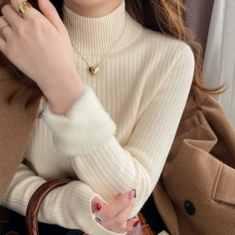 Женский теплый свитер из флиса с высоким воротником, новый зимний фасон, простой трикотажный свитер в рубчик на флисовой подкладке.