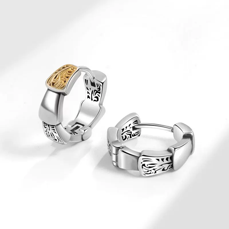 金银拼色唐草纹龙鳞耳环男女个性潮款时尚气质轻奢耳扣中古耳饰