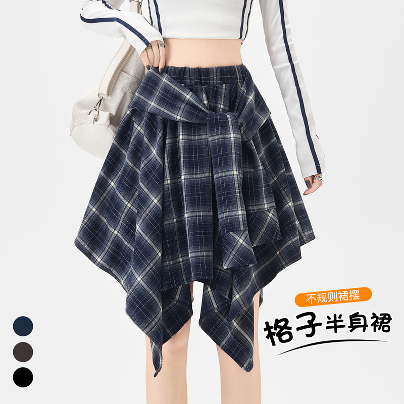 实拍 复古绑带不规则格子半身裙女2025秋季高腰显瘦休闲a字短裙|undefined