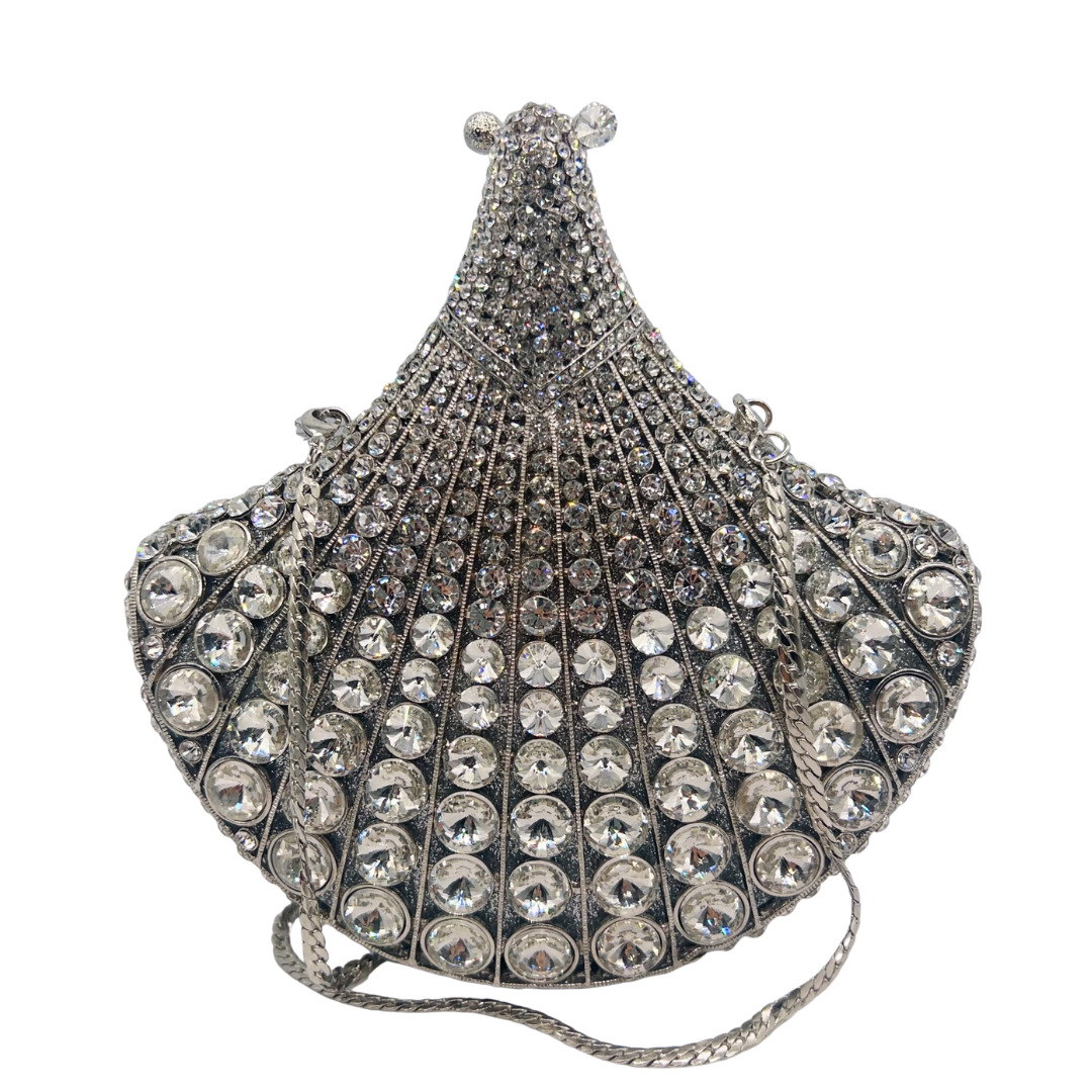 Clutch nữ hình quạt đính đá cao cấp dự tiệc cầm tay — màu vàng, bạc, màu đỏ, màu ô liu xanh chi tiết 15