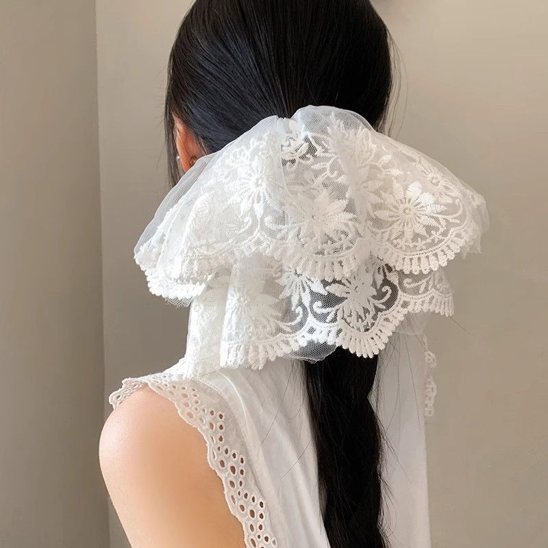 Chouchou en dentelle blanche style princesse coréenne, accessoire de cheveux surdimensionné haut de gamme pour femme._voghion.com