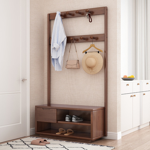 Closet Stand, Wooden Floor Standing Wardrobe Hanger, Nordic INS Living Room Walnut Wood Clothes, New Chinese Style Simple Modern