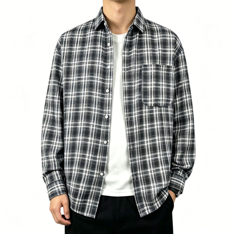 Stylish Plaid Long-Sleeved Men's Shirt, New Hong Kong Style Casual Men's Plaid Shirt, Trendy Men's Long-Sleeved Plaid Shirt