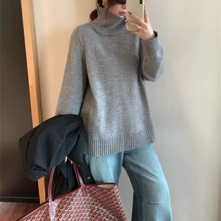 欧美外贸跨境高领套头毛衣女秋冬新款宽松外穿休闲内搭针织衫上衣