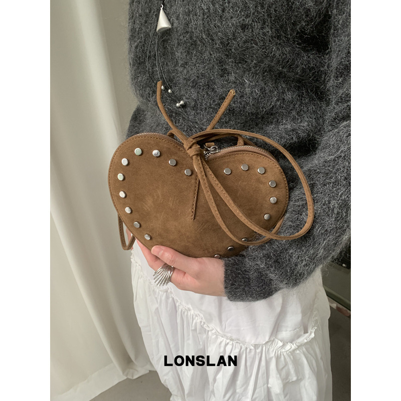 Lonslan Bag 2026New Retro Eye-Catching Rivet Design Suede Heart-Shaped Shoulder Crossbody Bag
