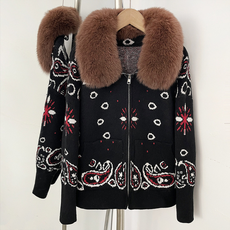 Cross-Border European and American Autumn and Winter New Style Printed Casual Lazy Style Fox Fur Knitted Cardigan Zipper Cardigan Women's Sweater