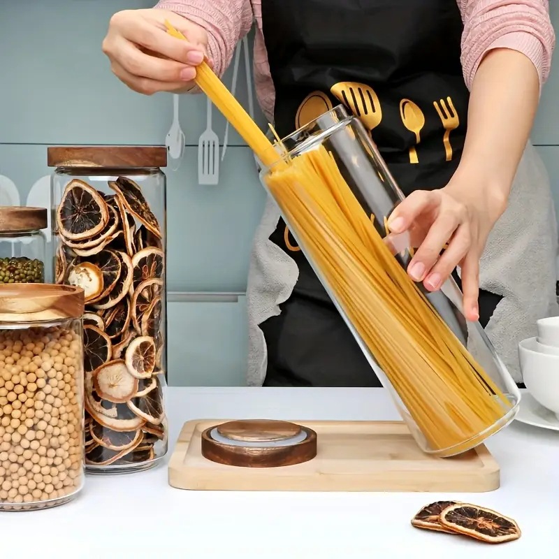 Tanque de almacenamiento de madera de acacia para almacenar alto borosilicato transparente de uso diario con cubierta de cocina de almacenamiento de granos de vidrio sellado de vidrio