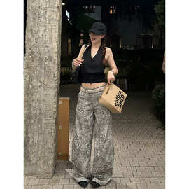 美式豹纹水洗牛仔裤阔腿裤女夏直筒工装裤拖地休闲裤弯刀裤子长裤