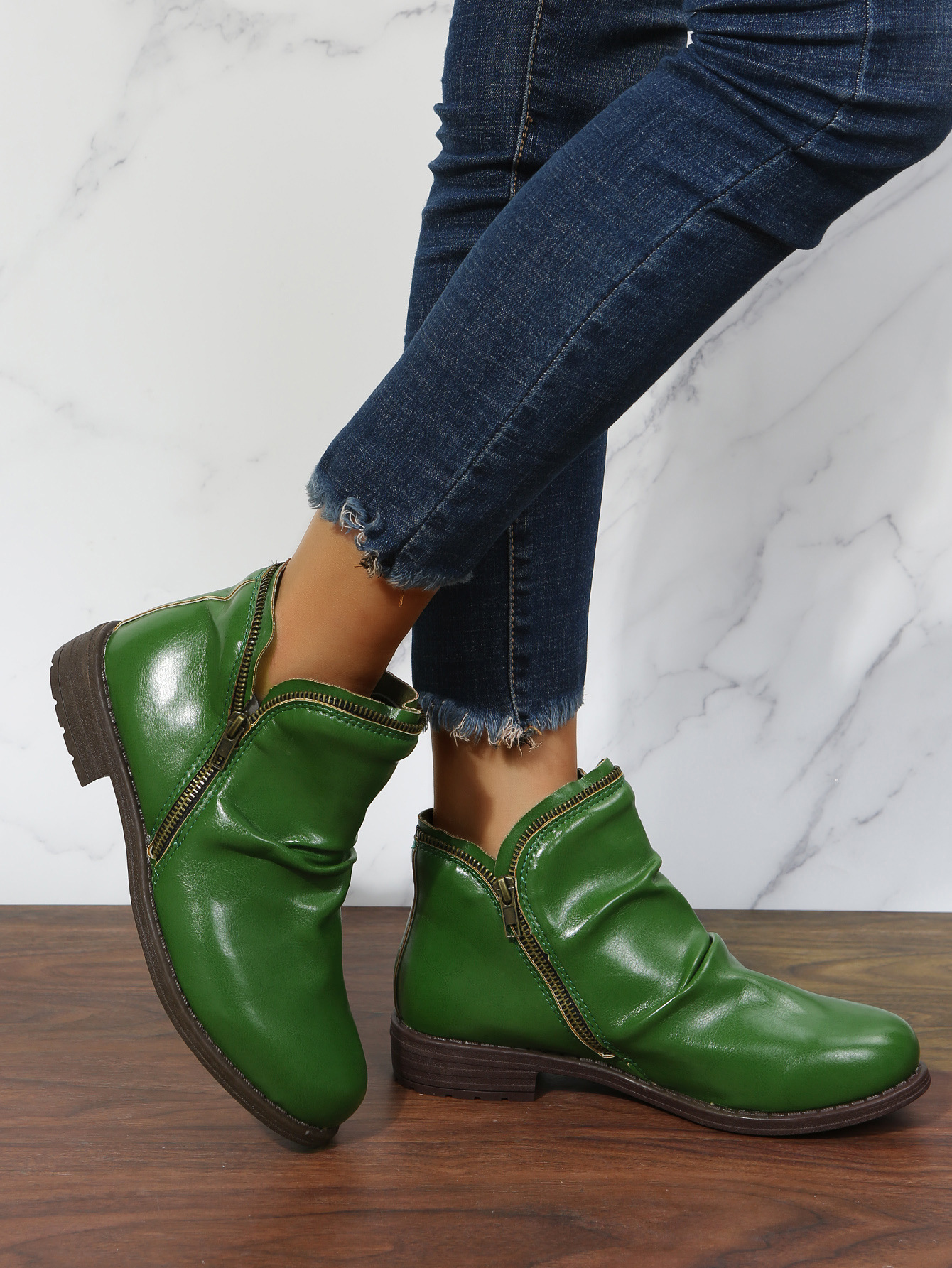New low heel chunky round toe double zipper boots for women_voghion.com