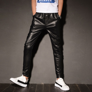 2024 spring, autumn and winter harem leather pants men's casual nightclub men's ankle-tied pants Korean slim fit pencil pants fashion foreign trade