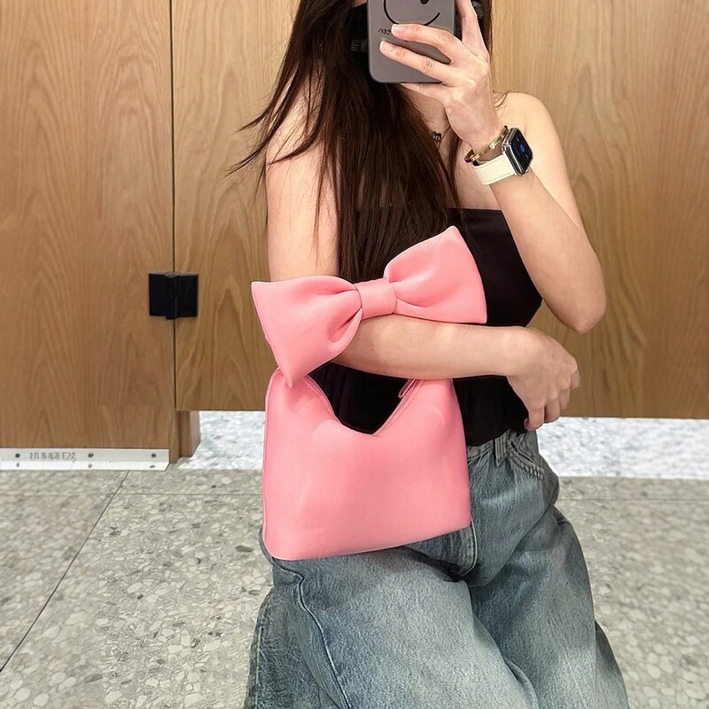 2026 New Korean Pink Space Cotton High-Appearance Large Bow Shoulder Bag Handbag Mini Wrist Bag