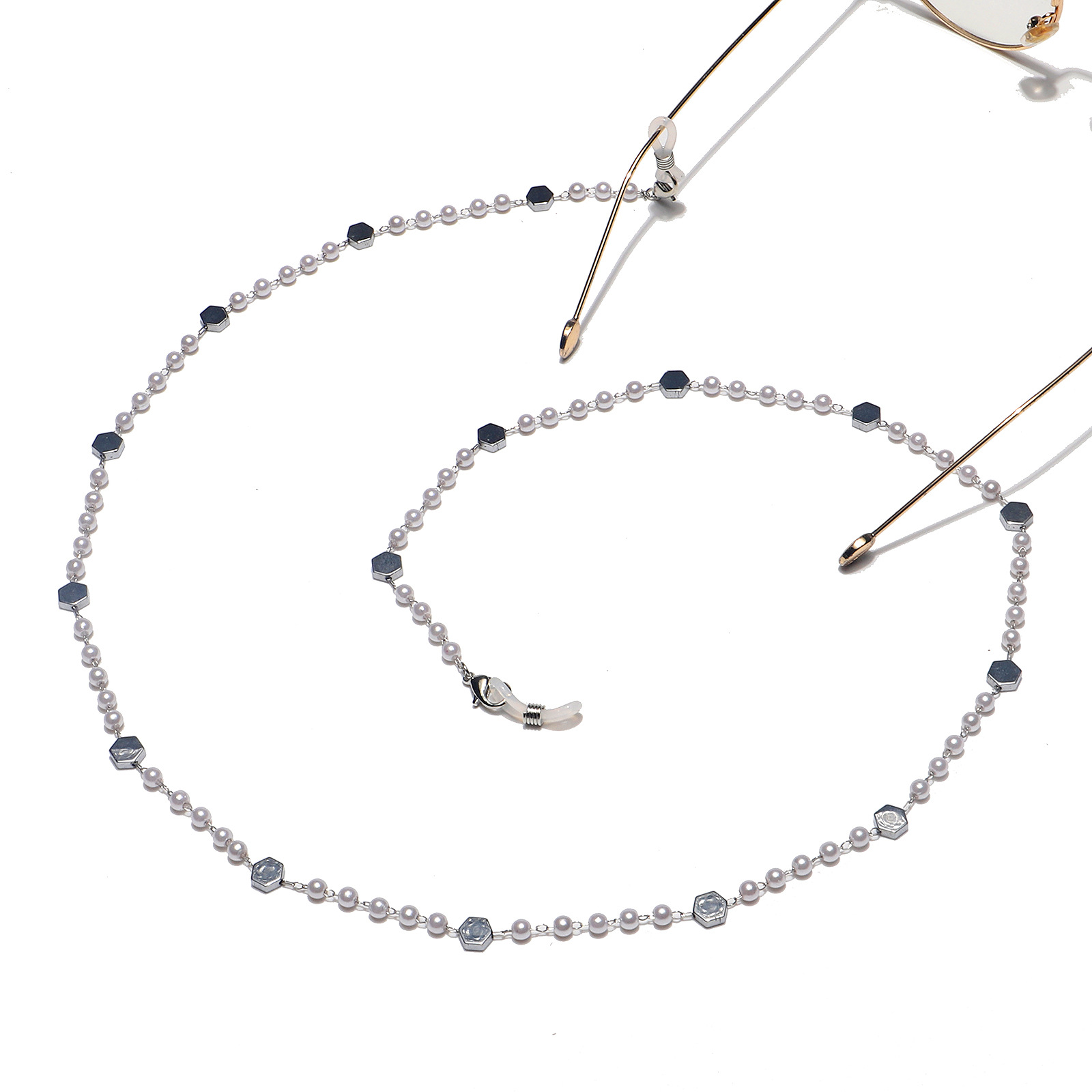 Silver Color Fashion Hexagonal Pearl Stainless Steel Glasses Chain