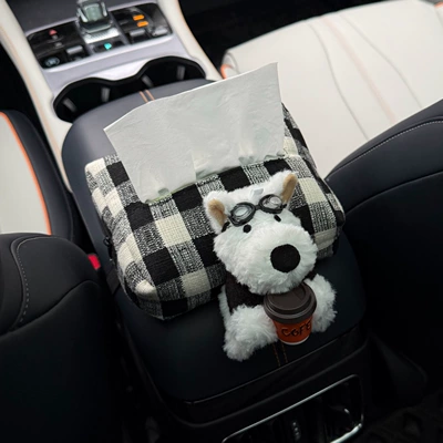 Creative and Cute West Highland Car Tissue Box, Car Interior Doll Armrest Tissue Box, High-End (Car tissue box/set) - flying-mirror-coffee-west-highland-arrested-black-check-bag