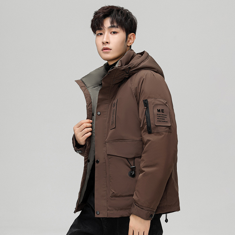 겨울 라이브 폭발 멀티 포켓 마운틴 야외 툴링 다운 재킷 남자 짧은 후드 투오픈 스포츠 충전