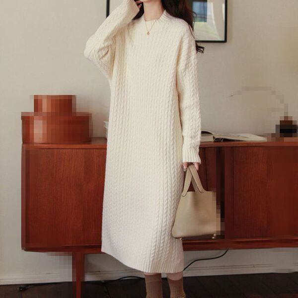 Long demi-season solid color sweater with a round collar