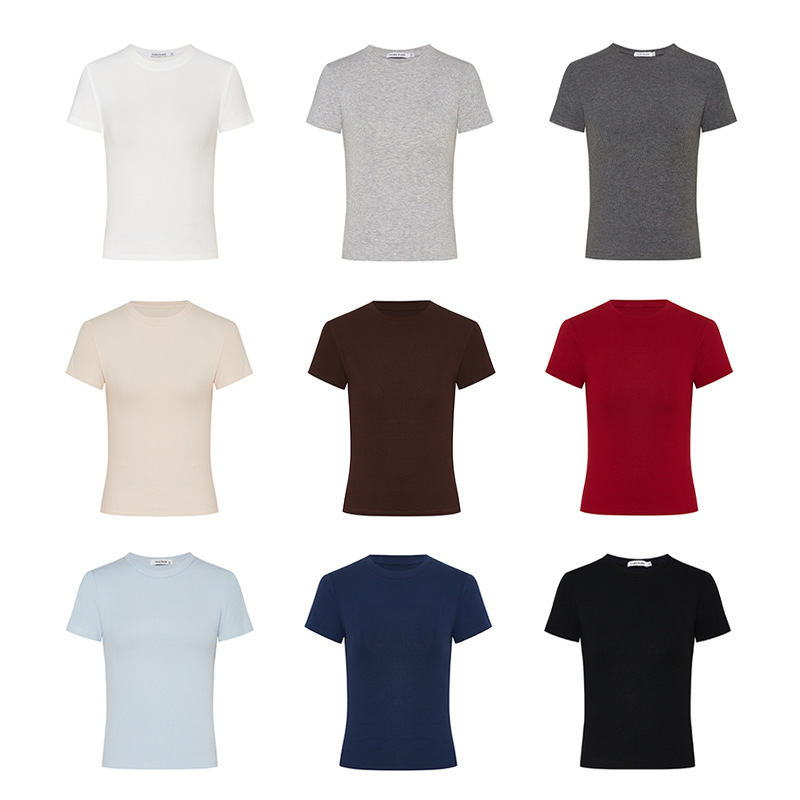 Black Right Shoulder Short-Sleeved T-Shirt for Women, Tight-Fitting Sexy Short Navel-Baring Retro Red Top with Stereo Tailoring