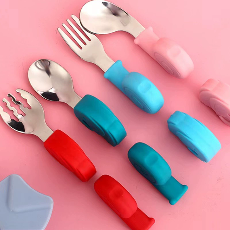 Spoon for baby, fork, children's silicone set, teaching tableware stainless steel for training, (Cross-border trading)