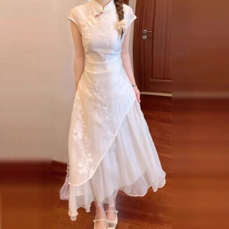 New Chinese Style Improved Cheongsam Dress, High-End Young Girl Style, Light Luxury Waist Dress, Long Skirt