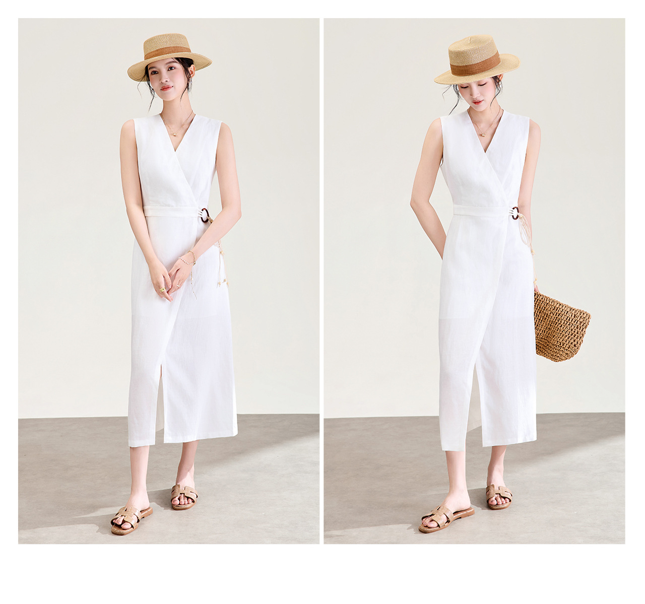 Đầm maxi nữ thắt eo phong cách Old Money chất liệu vải gai phối lụa — màu trắng ngà chi tiết 22