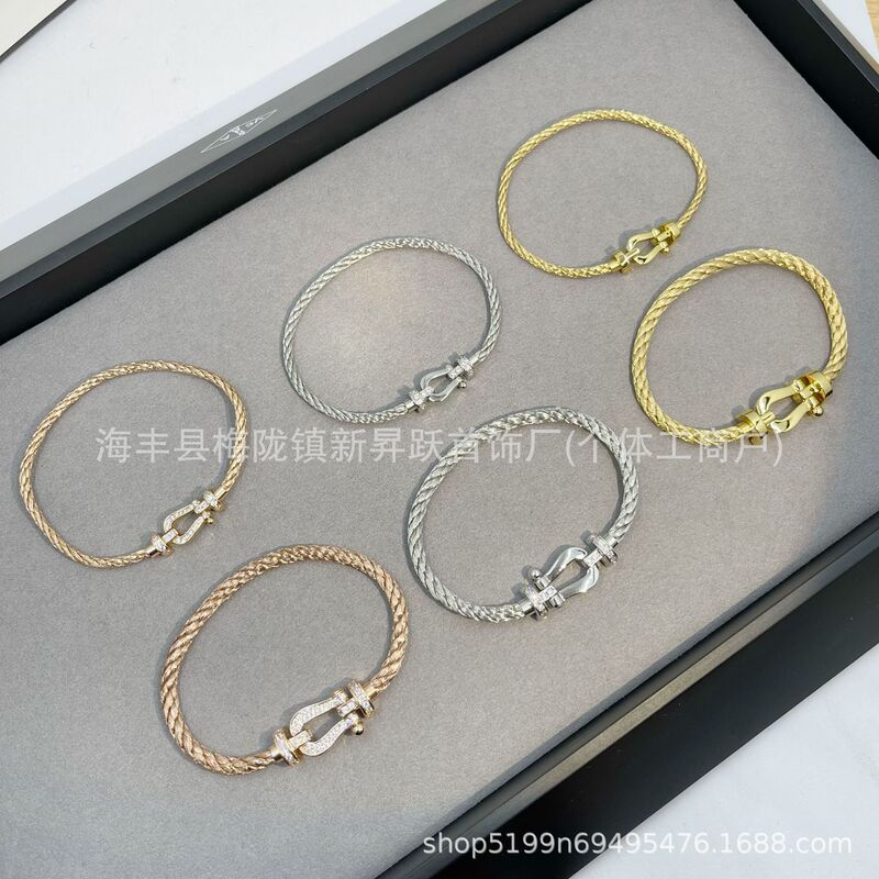 High-End Gold-Plated Fred Horseshoe Buckle Full Diamond-Studded Steel Wire Rope Fred Figure-Eight Buckle Half-Diamond Bracelet Stainless Steel Rope Bracelet