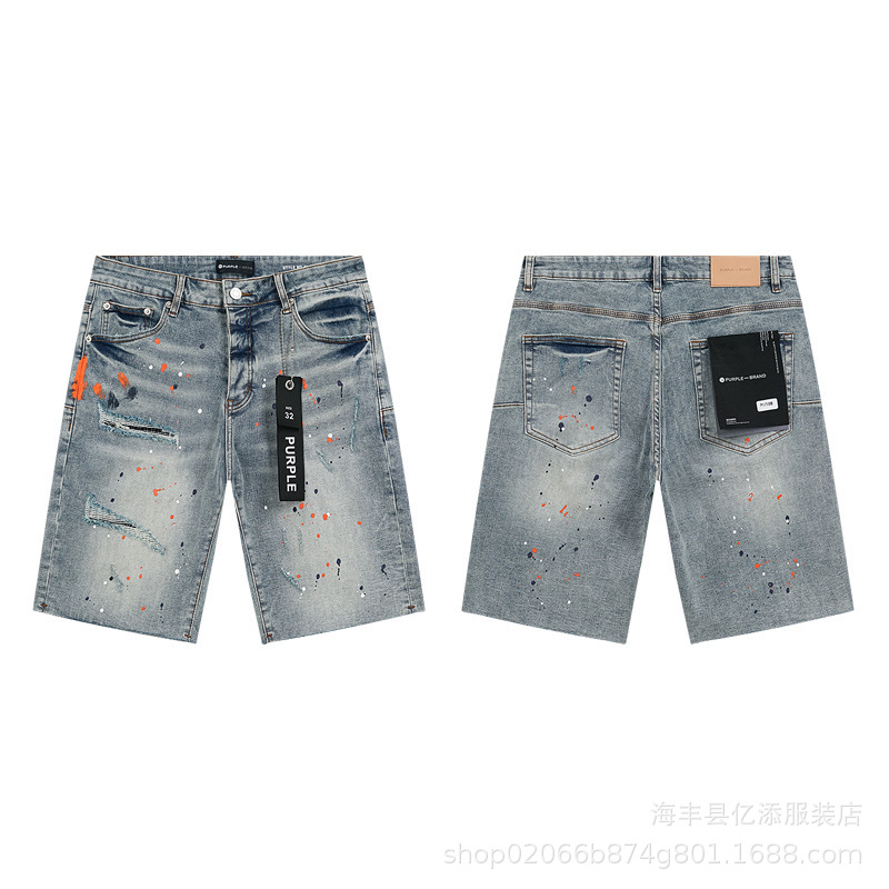Comercio exterior transfronterizo mayorista purp1e estilo americano marca de alta calle agujero parche de tinta retrógrada lavado jeans pantalones cortos