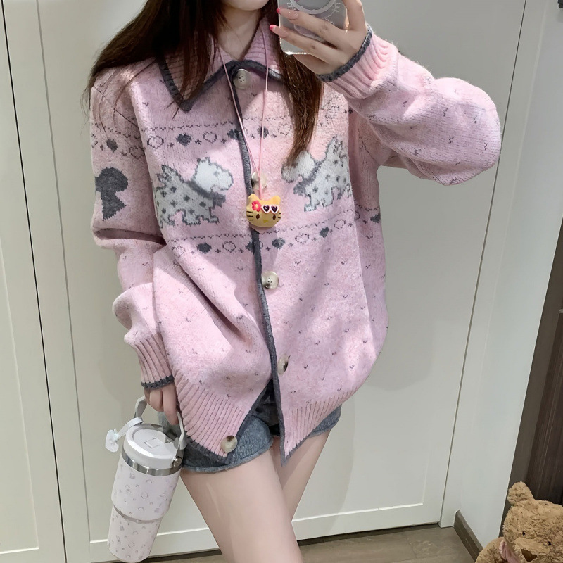 韩系软糯粉色2025秋冬新款休闲百搭费尔岛花纱小狗提花毛衣外套女|undefined