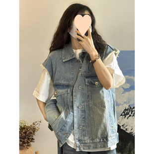 American Retro Raw Edge Distressed Denim Vest Jacket for Women Spring New Street Loose Work Jacket Outer Wear