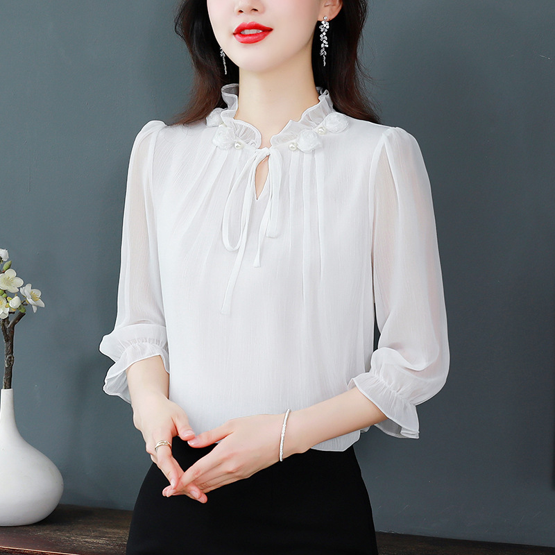 2025 봄 여름 신상 대형 패셔너블 다용도 쉬폰 셔츠 여성 꽃잎 칼라 연령 감소 중간 소매 스타일 탑