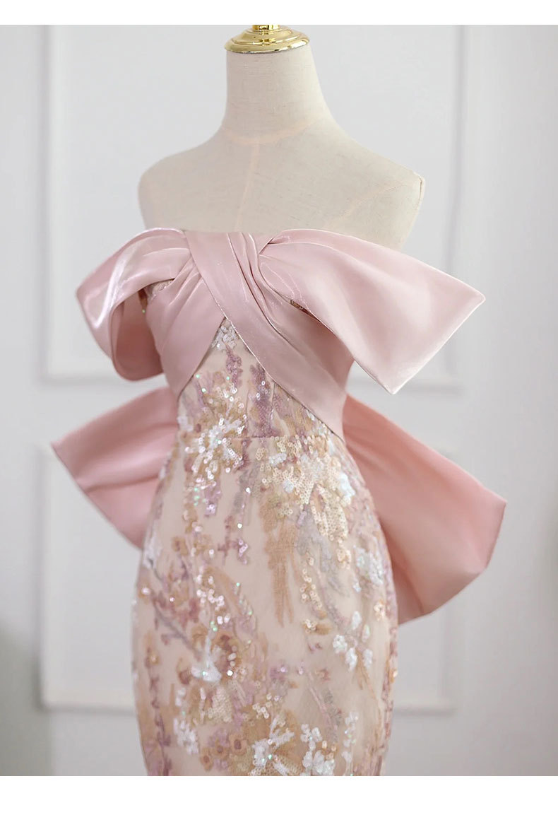 Pink Off-The-Shoulder Evening Gown Elegant Sequined Banquet Dress Slim Fit Unique Bride Toast Dress for Engagement Party Wear_ecoleips.com