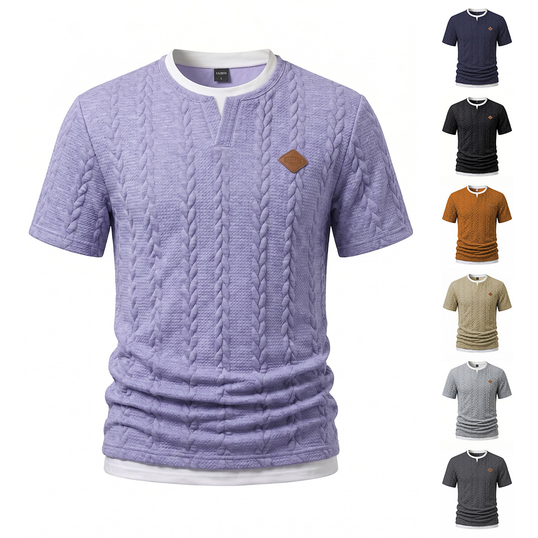 Transfronterizos Europa y América de verano ropa de hombre nueva textura con logotipo de cuero falso dos camisetas de mangas cortas delgadas camisetas casuales