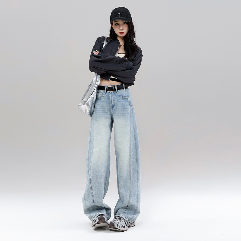 浅色解构弯刀牛仔裤女小个子2025新款春夏宽松垂感美式直筒阔腿裤|undefined