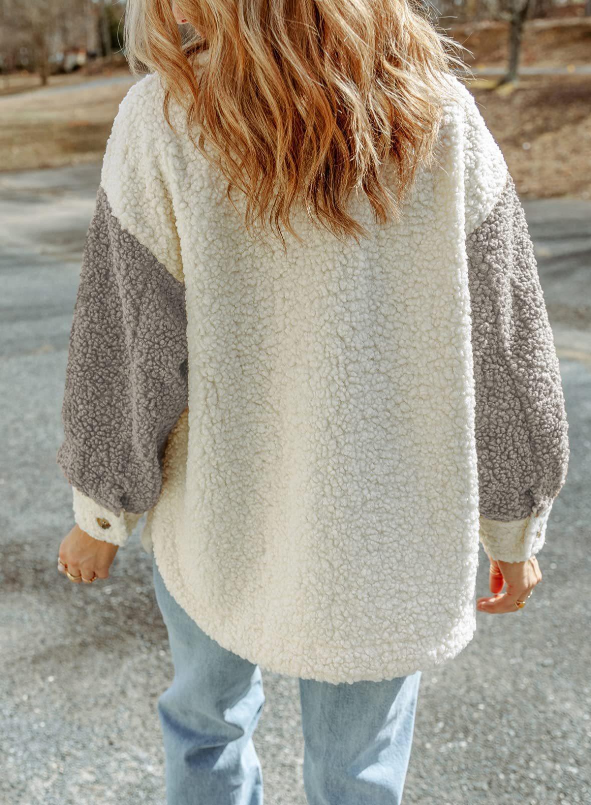 Cappotto di pelliccia ampio e coordinato con colori a maniche lunghe e doppie tasche casual da donna_voghion.com