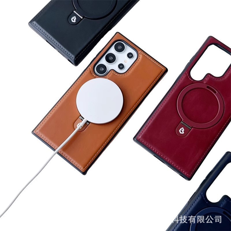 适用S25Ultra高档皮革磁吸支架手机壳S24商务皮套S23全包防摔套22|undefined