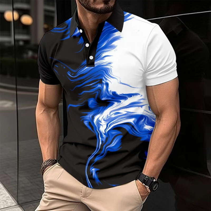 2024 Amazon cross-border new men's POLO shirt color matching printed button short sleeve T-shirt men's top