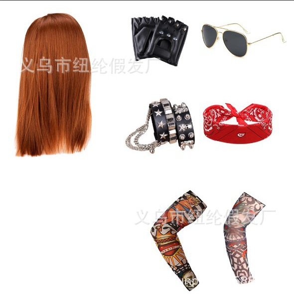 Los hippies europeos y americanos Rock peluca vestir punk pulsera conjunto en 1950 y 1960 marrón pelo recto accesorios de rendimiento