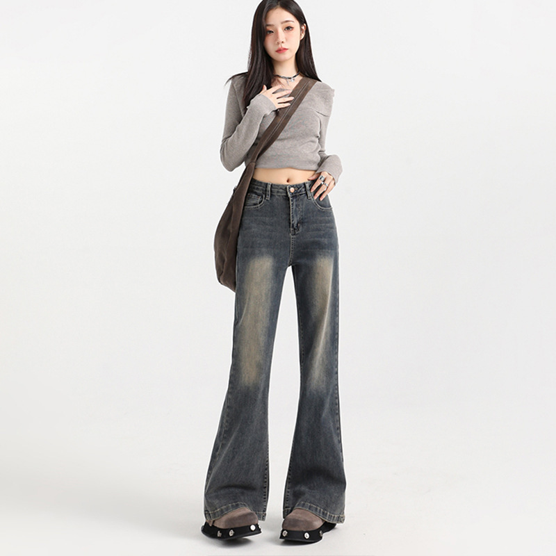 2025 Spring and Autumn New American Style Hot Girl Flared Jeans Women's High Waist Slimming High-Waisted Stretch Straight Flared Pants