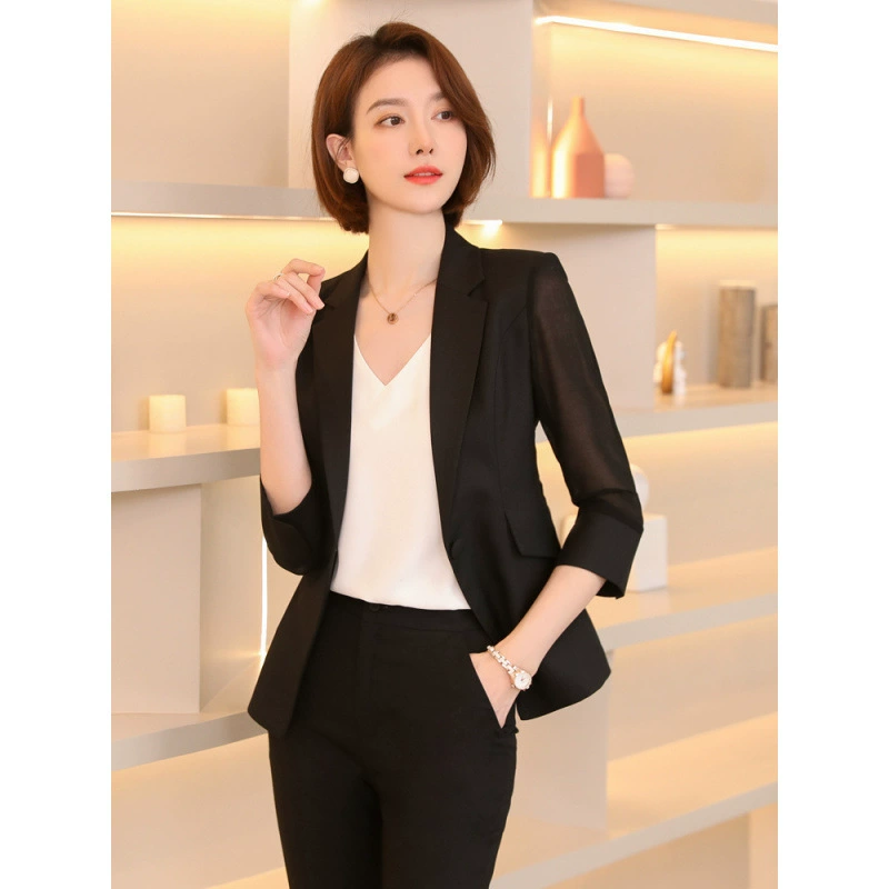 Черный пиджак для женщин весной летом тонкий темпераментный шифоновый небольшой костюм для отеля рабочая одежда