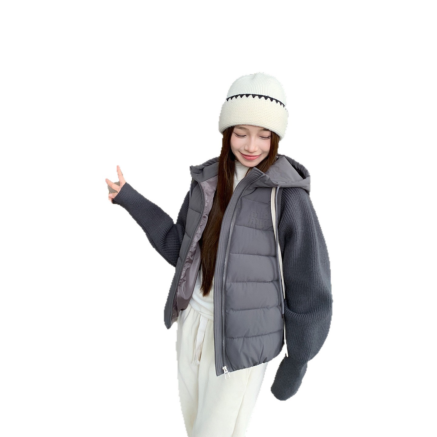Suéter de punto ligero y delgado, manga de algodón empalmado, ropa corta de mujer, dos piezas falsas de otoño y invierno, nueva chaqueta de algodón de moda, abrigo image 5