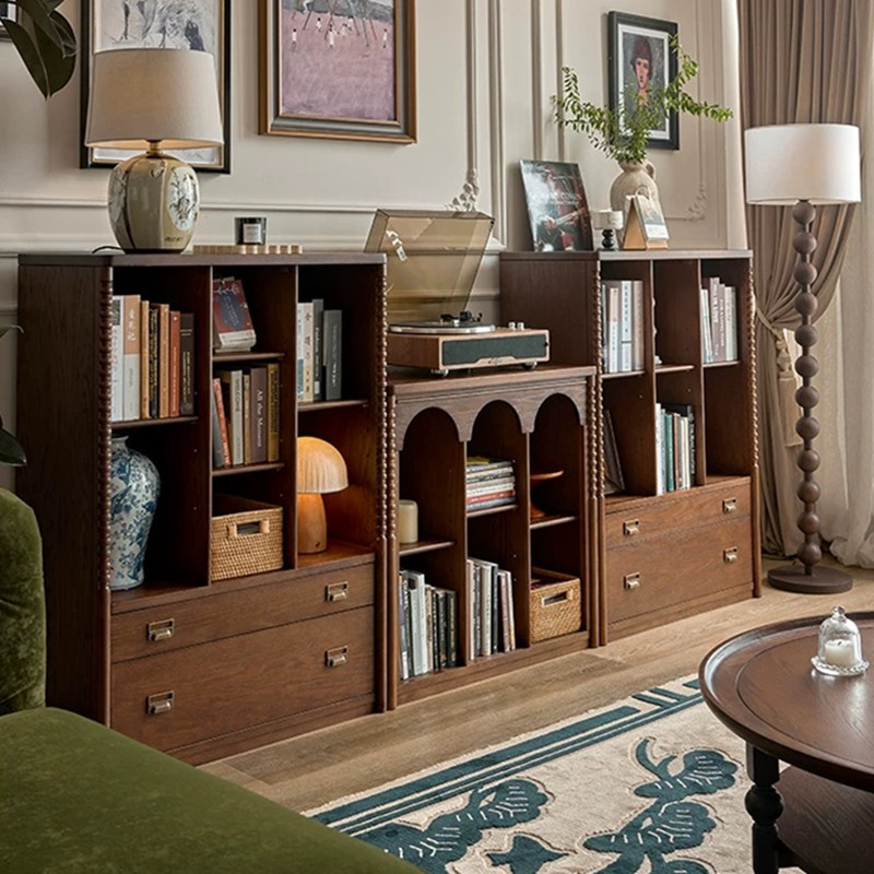 French Retro Solid Wood Bookcase Module Combination Cabinet Low Cabinet Bookshelf Half Wall Bookcase Storage Cabinet Floor-Standing Storage Cabinet