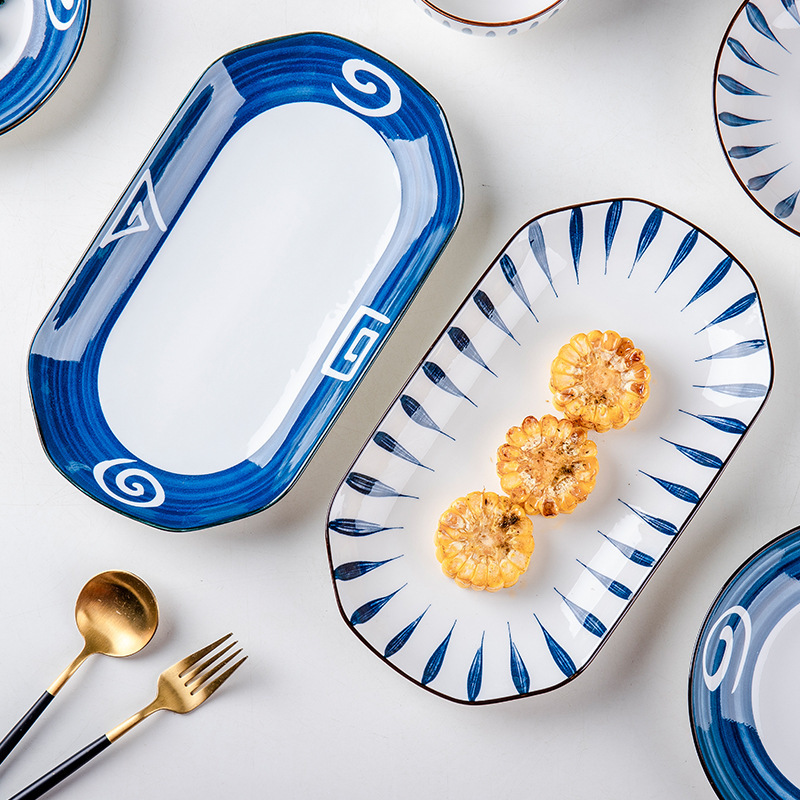 경덕진 식기 세라믹 접시 가정용 일본식 치바 잎 오라클 타원형 생선 찜 접시