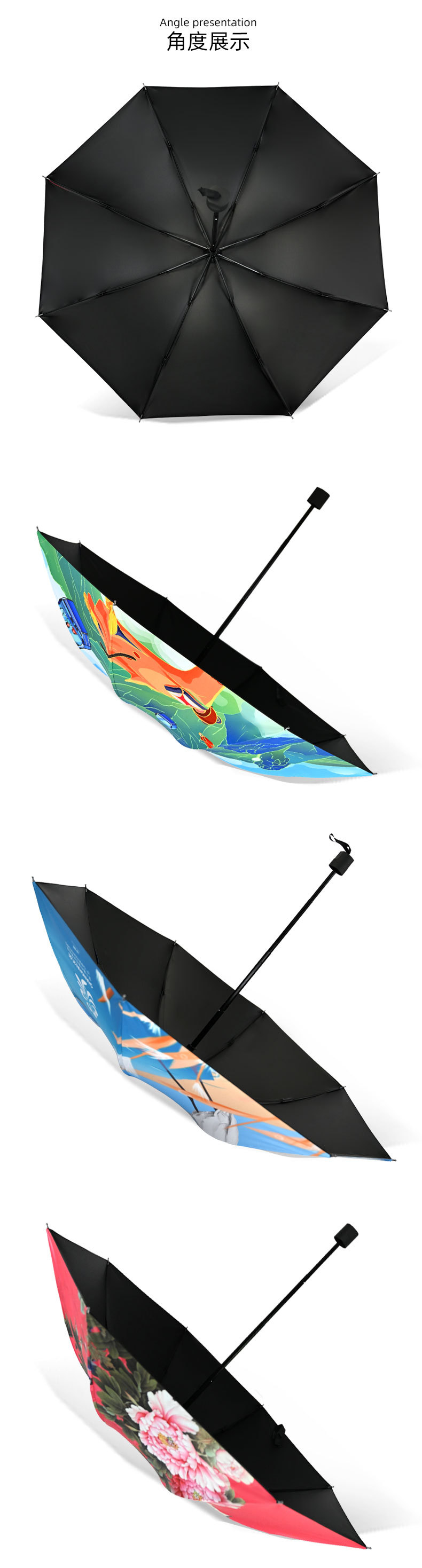 Free digital printing of umbrellas, black adhesive tape, digital printing of four-section umbrellas. Umbrellas can be customized according to provided drawings. Heat transfer pic 14